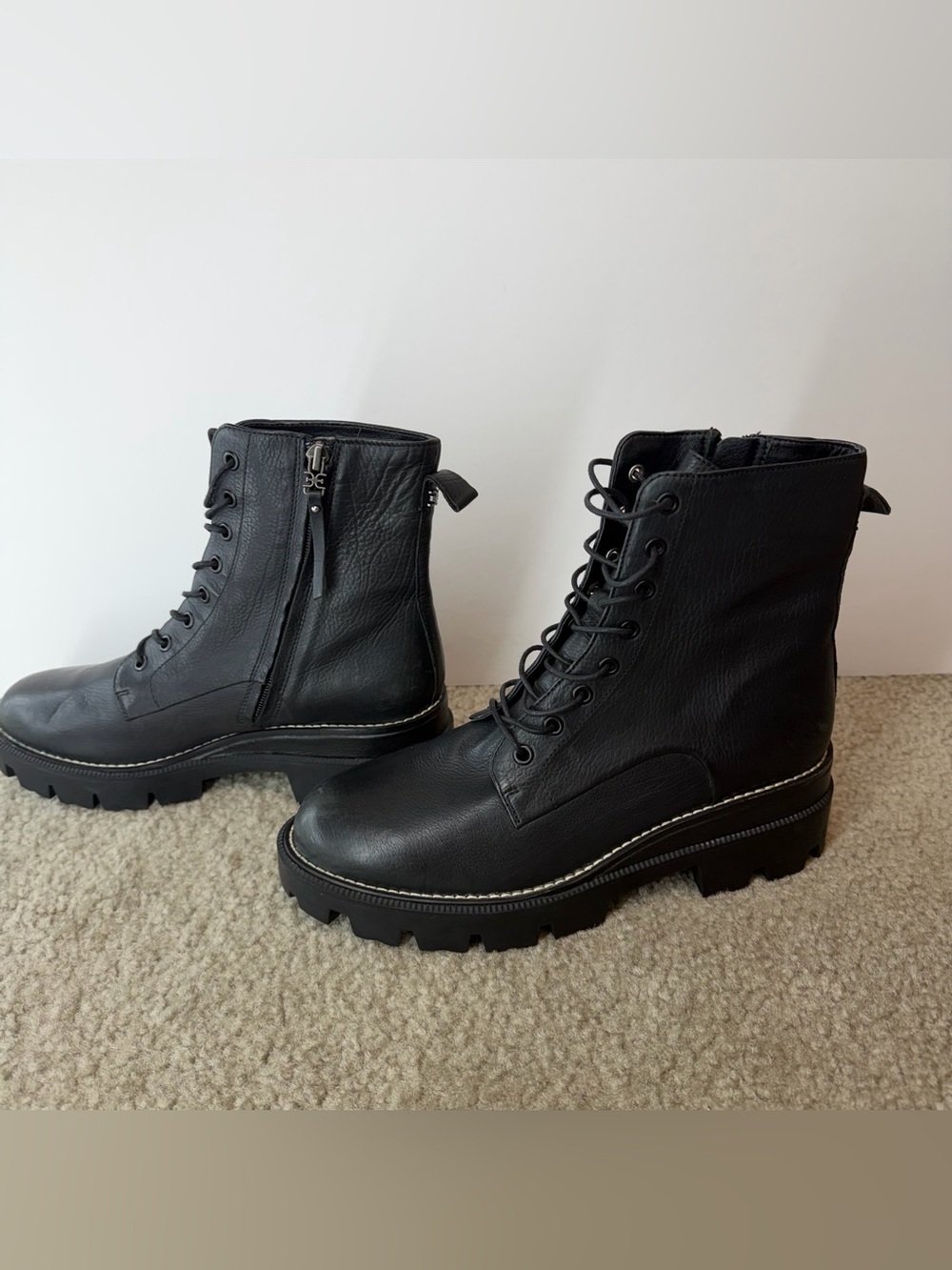 Sam Edelman Garret Lace-Up Lug Sole Combat Soft Leather Boots Black SZ 9